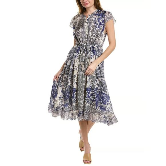 Johnny Was Filo Lucy Silk Midi Dress White Button Tie Waist Embroidered Sz S - Picture 1 of 8